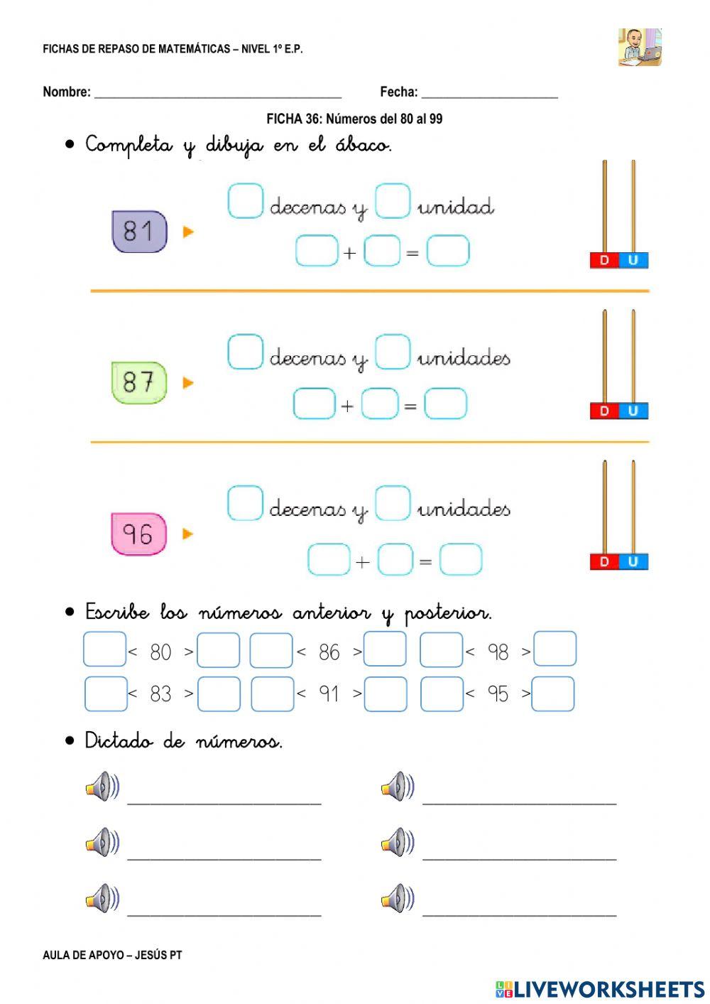 Ficha Matemáticas 36-1EP-Números hasta 99