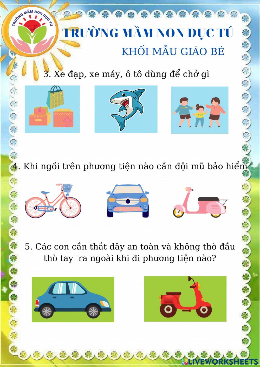 Bài tập ôn nhận biết Phương tiện giao thông