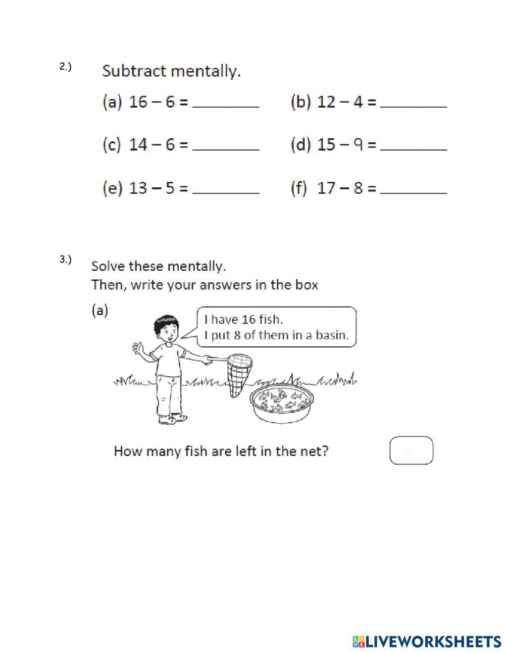 Mental subtraction activity | Live Worksheets