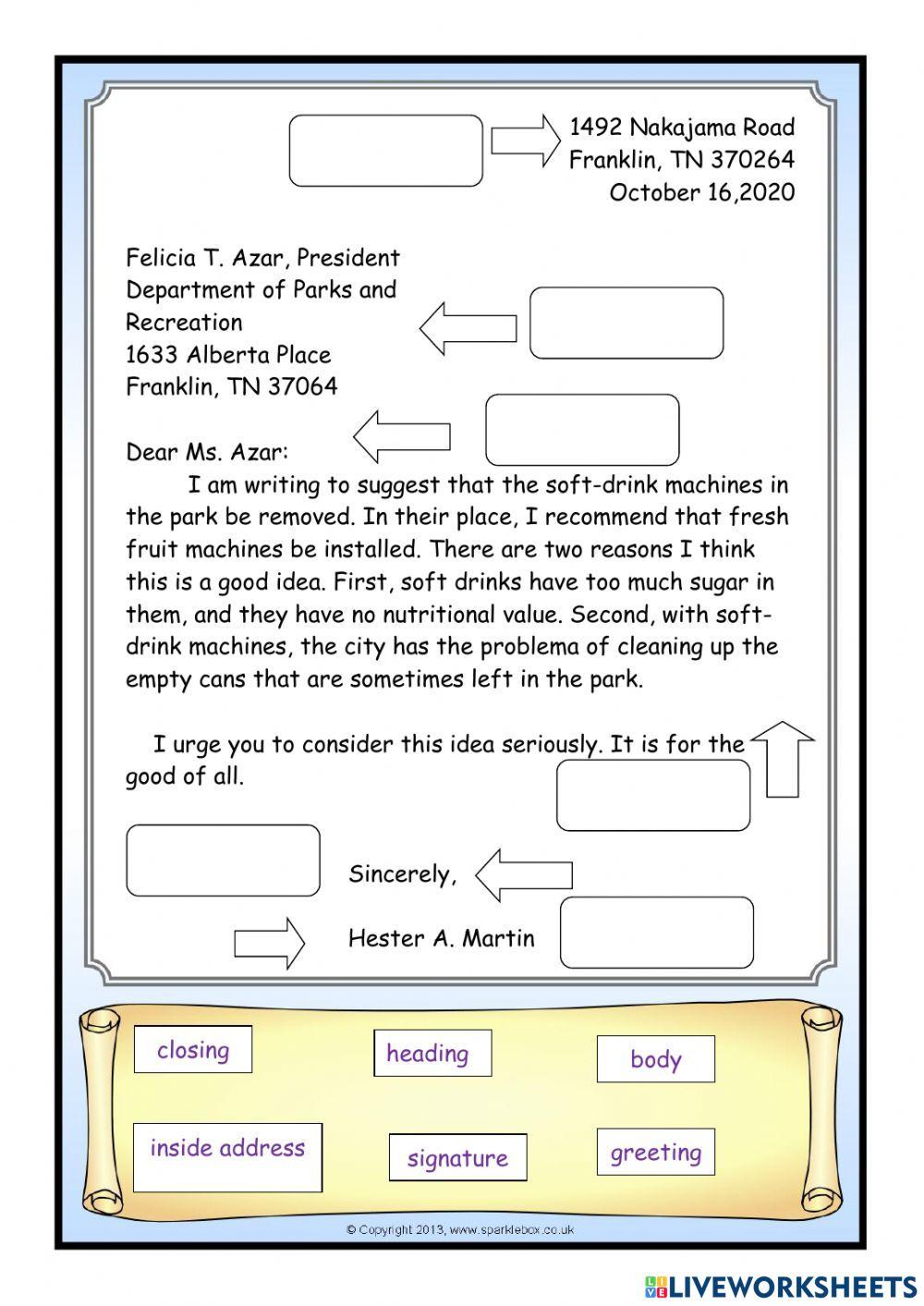Labeling parts of a business letter online exercise for live worksheets