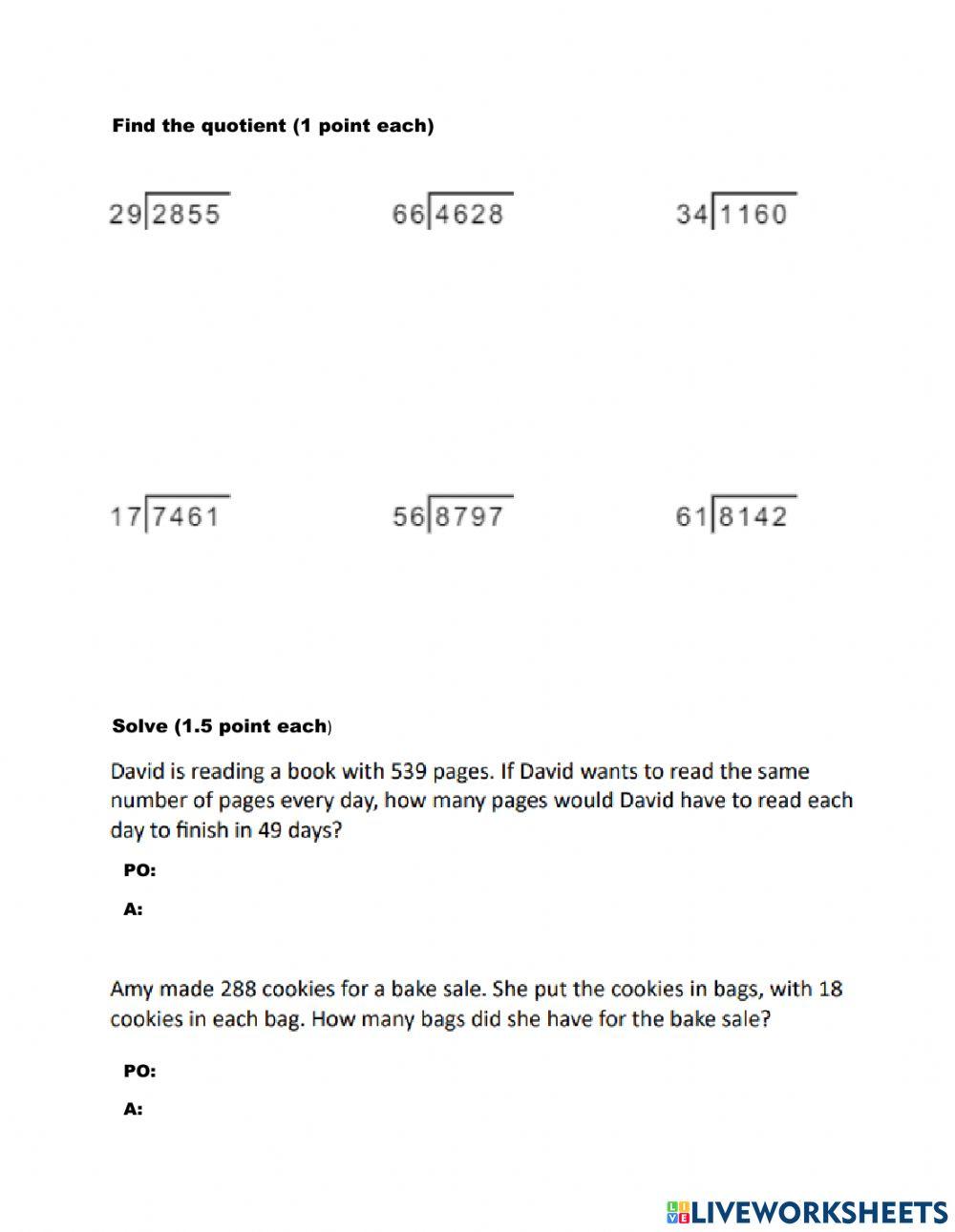 Math Exam III Partial 4th grade
