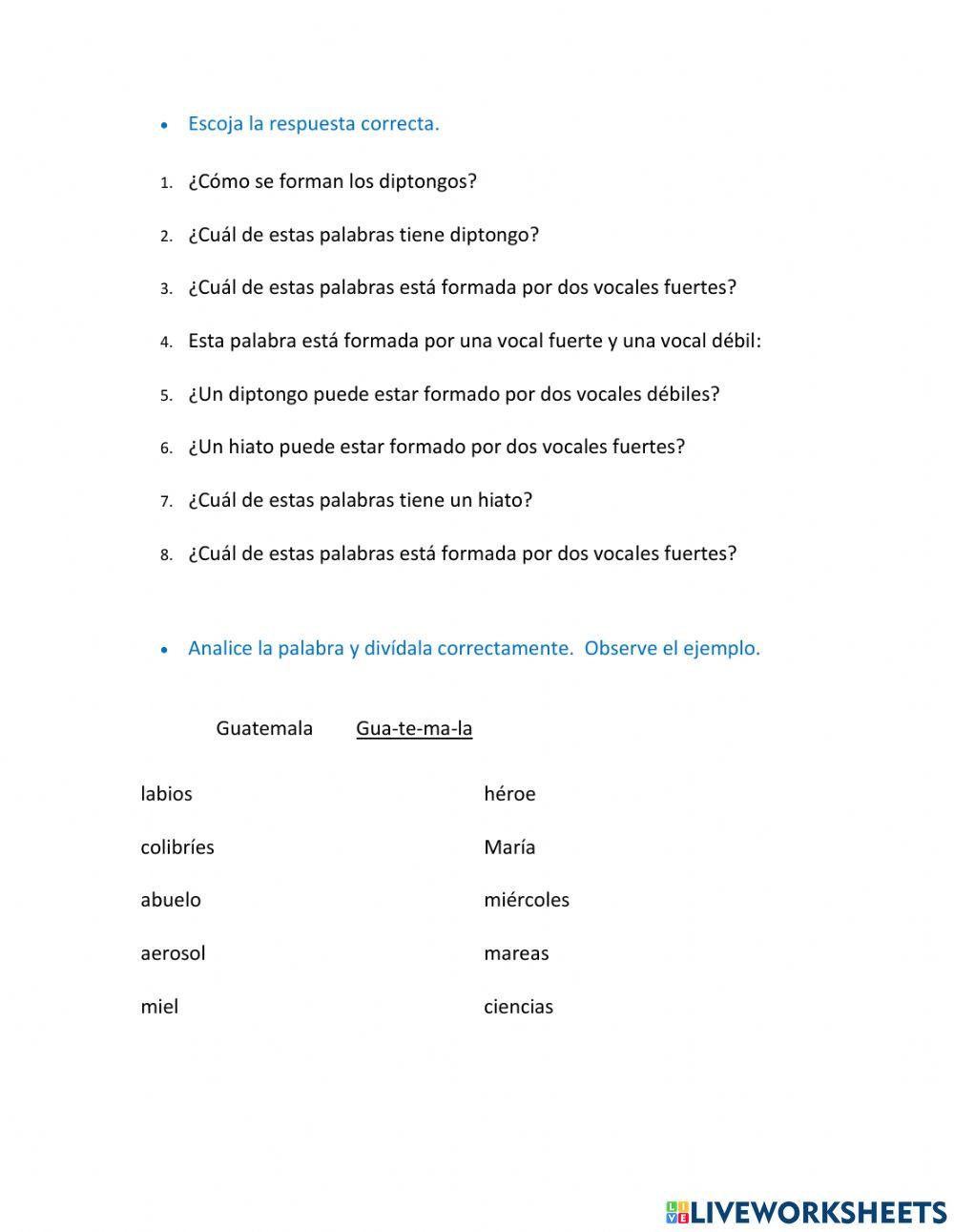 Hiatos y diptongos. división silabica