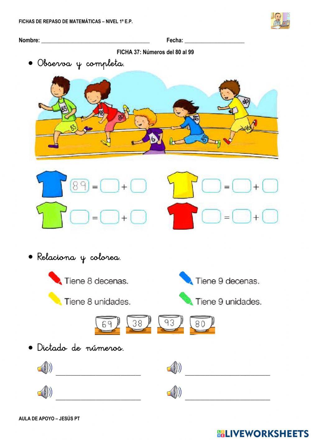 Ficha Matemáticas 37-1EP-Números entre 80 y 99