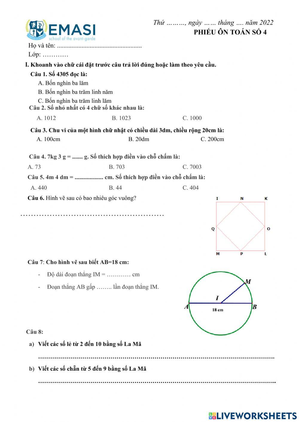 Phiếu ôn toán số 4