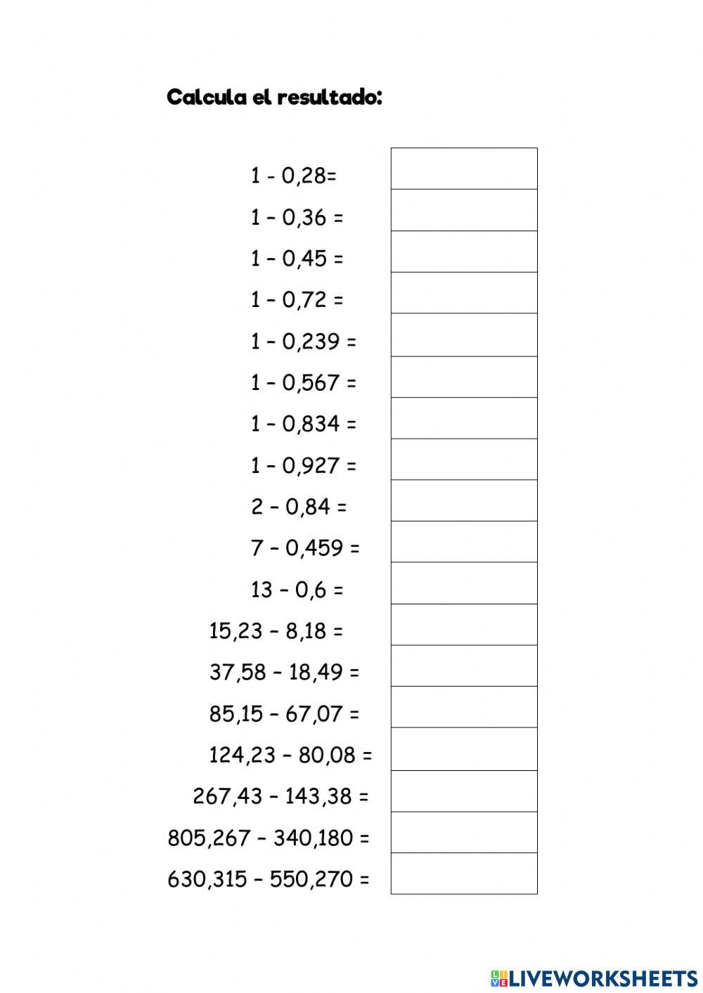 Cálculo mental: restas con decimales.