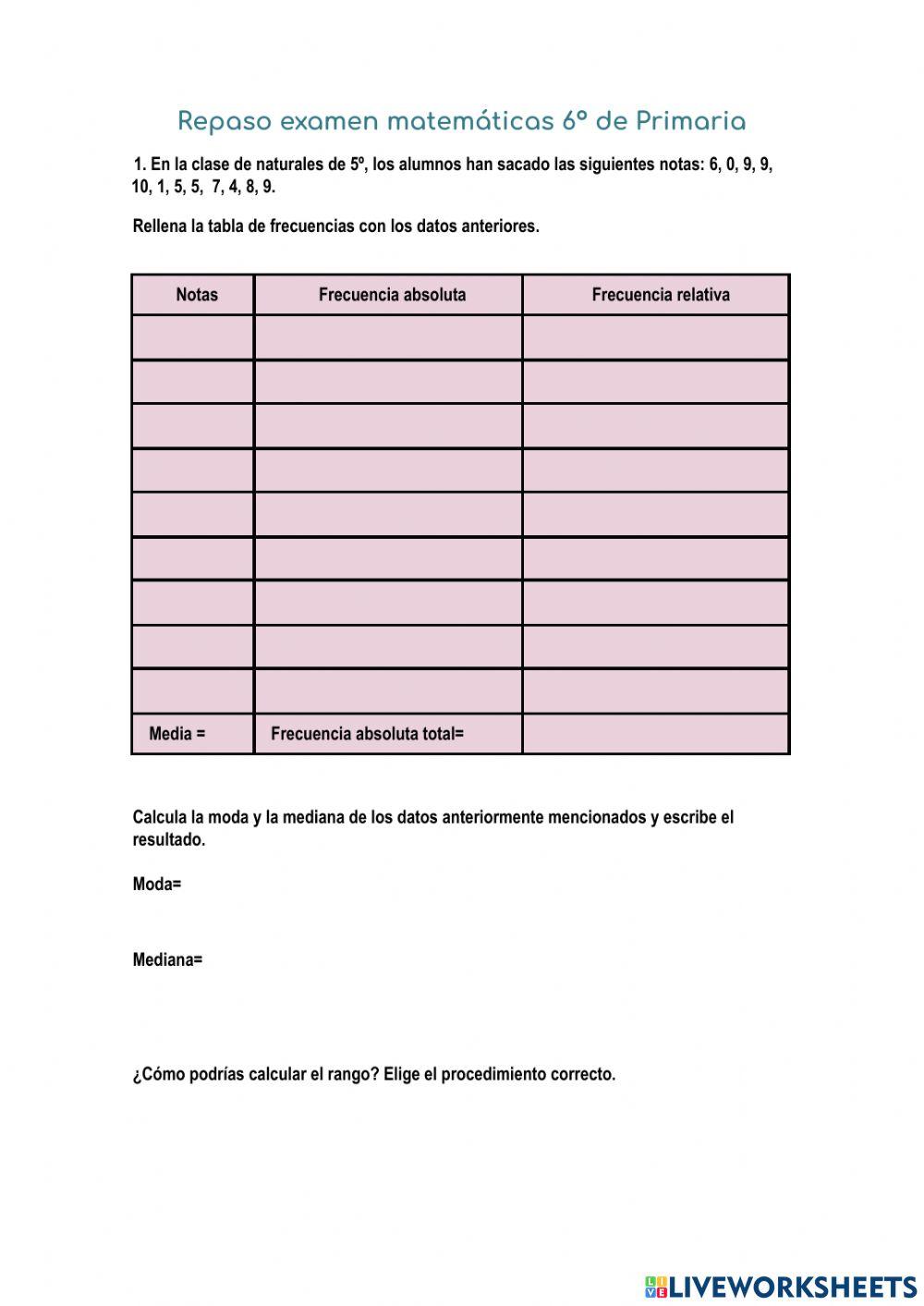 Repaso 6º Primaria Matemáticas