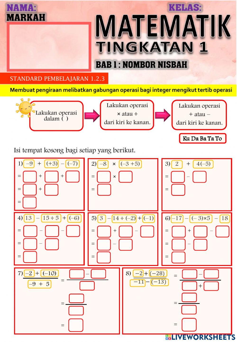 Matematik tingkatan 1: Pengiraan gabungan operasi bagi integer