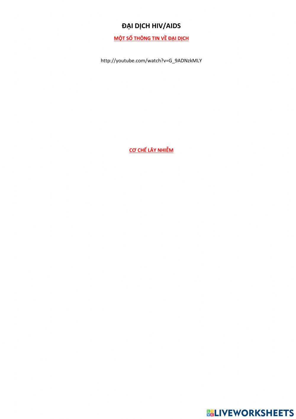Đại dịch hiv-aids worksheet | Live Worksheets