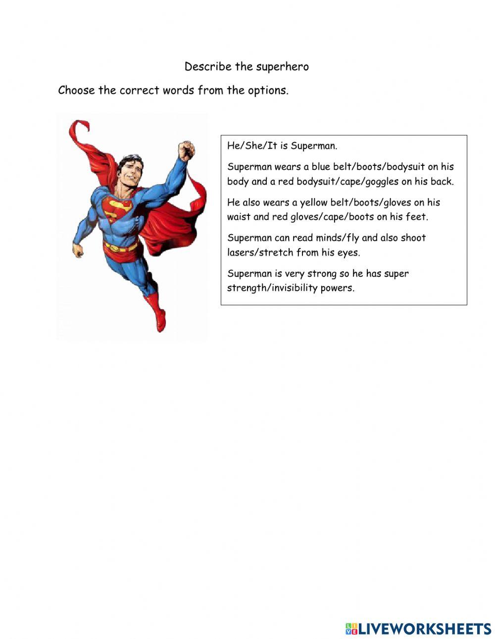 Superheroes sentence gap fill choose