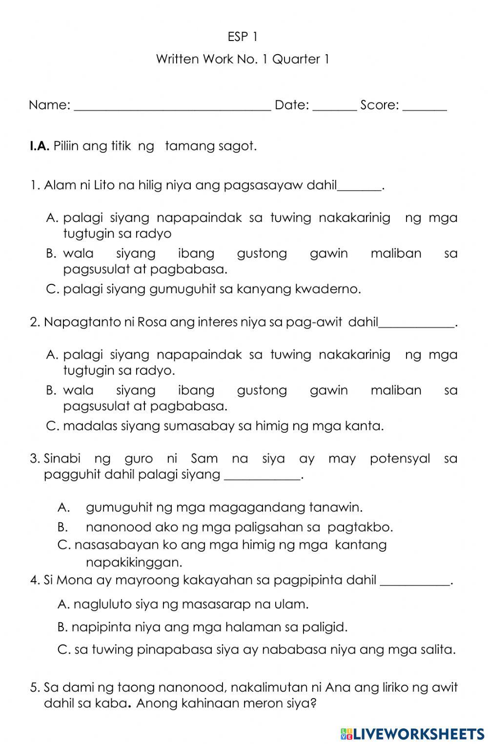 Esp 1 quarter 1 summative test worksheet | Live Worksheets