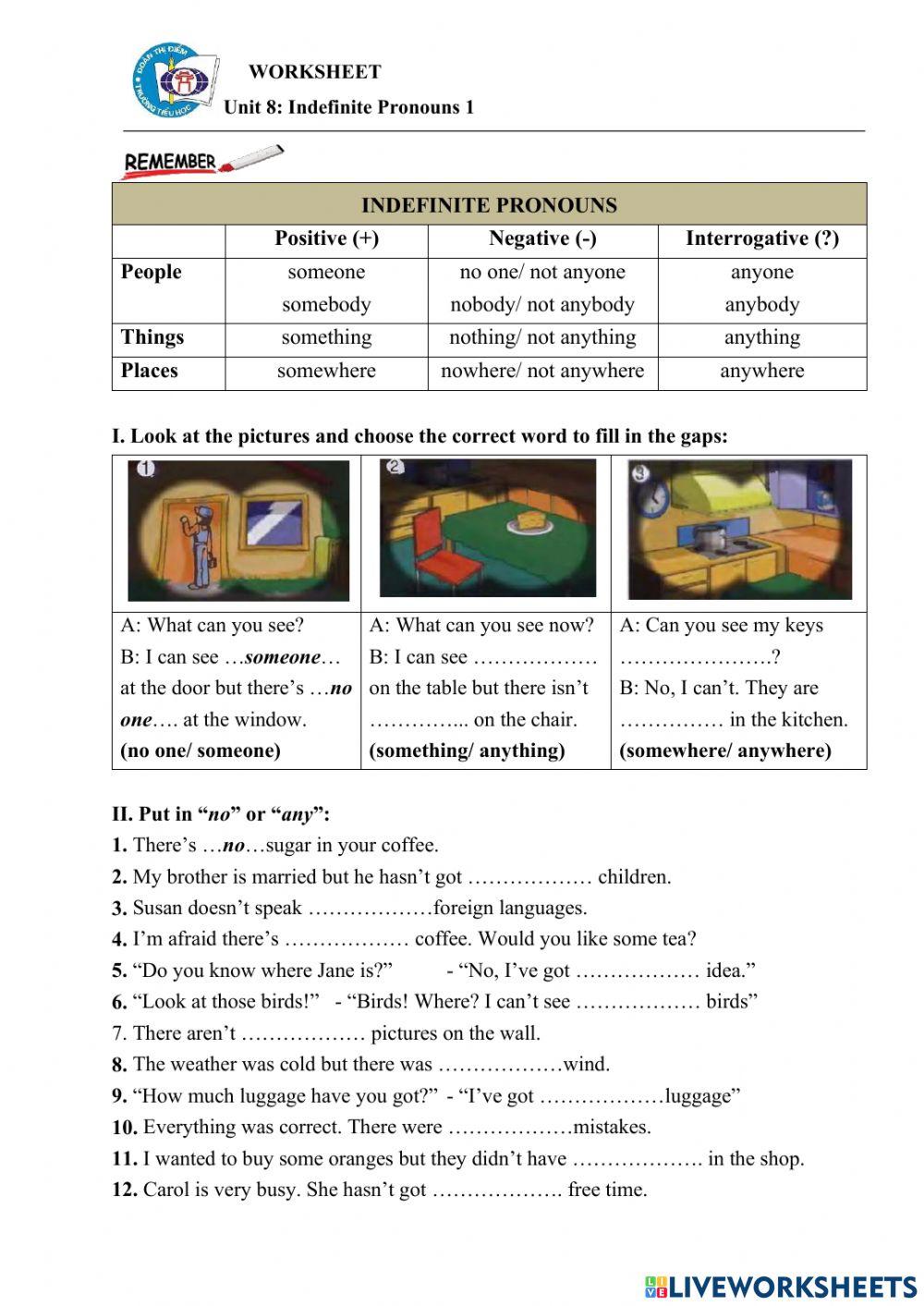 Unit 8: Indefinite Pronouns 1