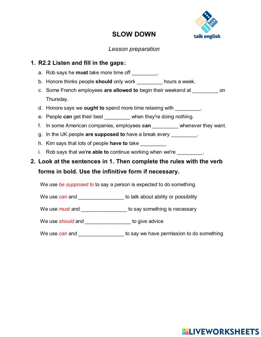 SLOW DOWN Lesson preparation