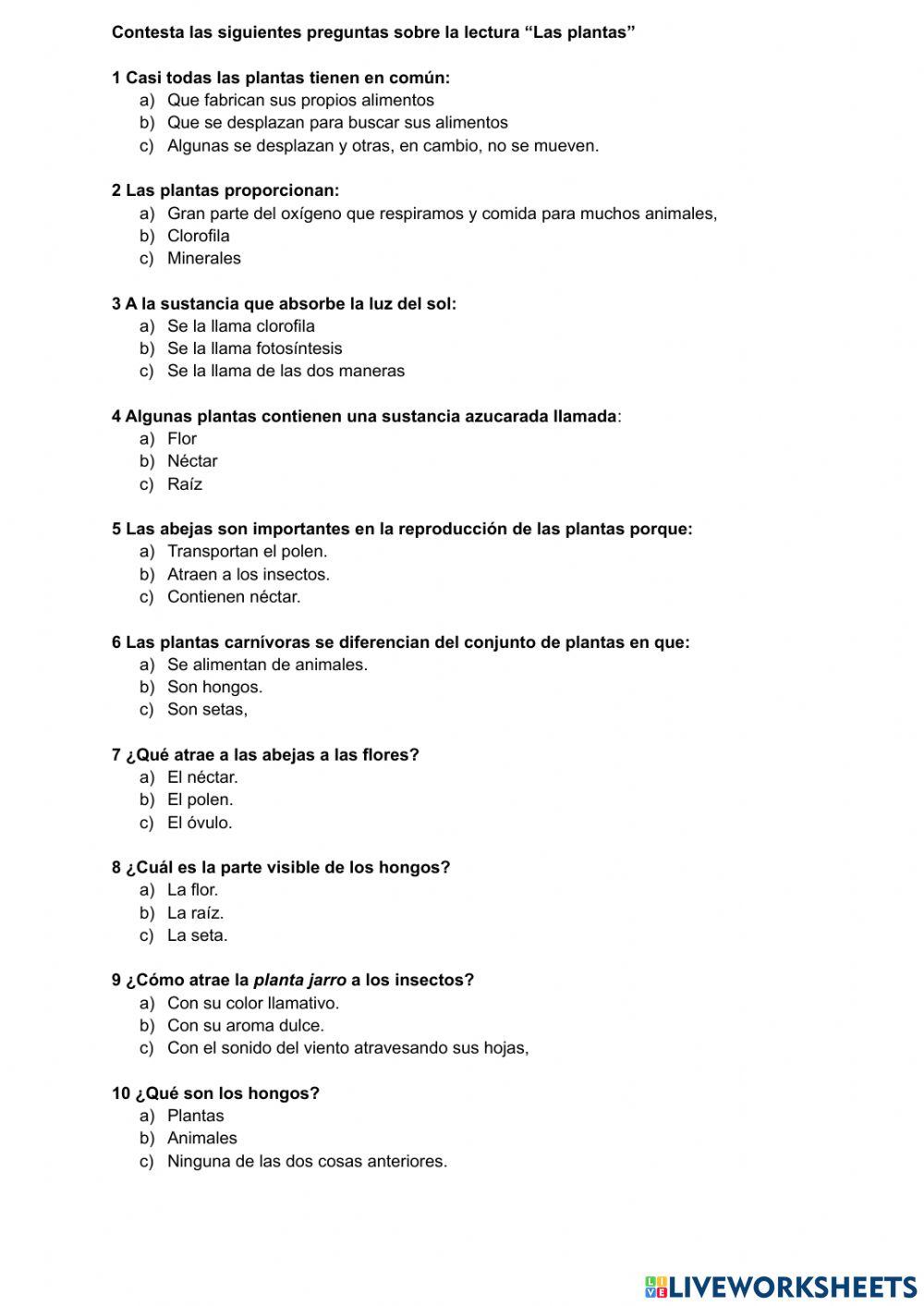 Comprensión lectora -Las plantas-