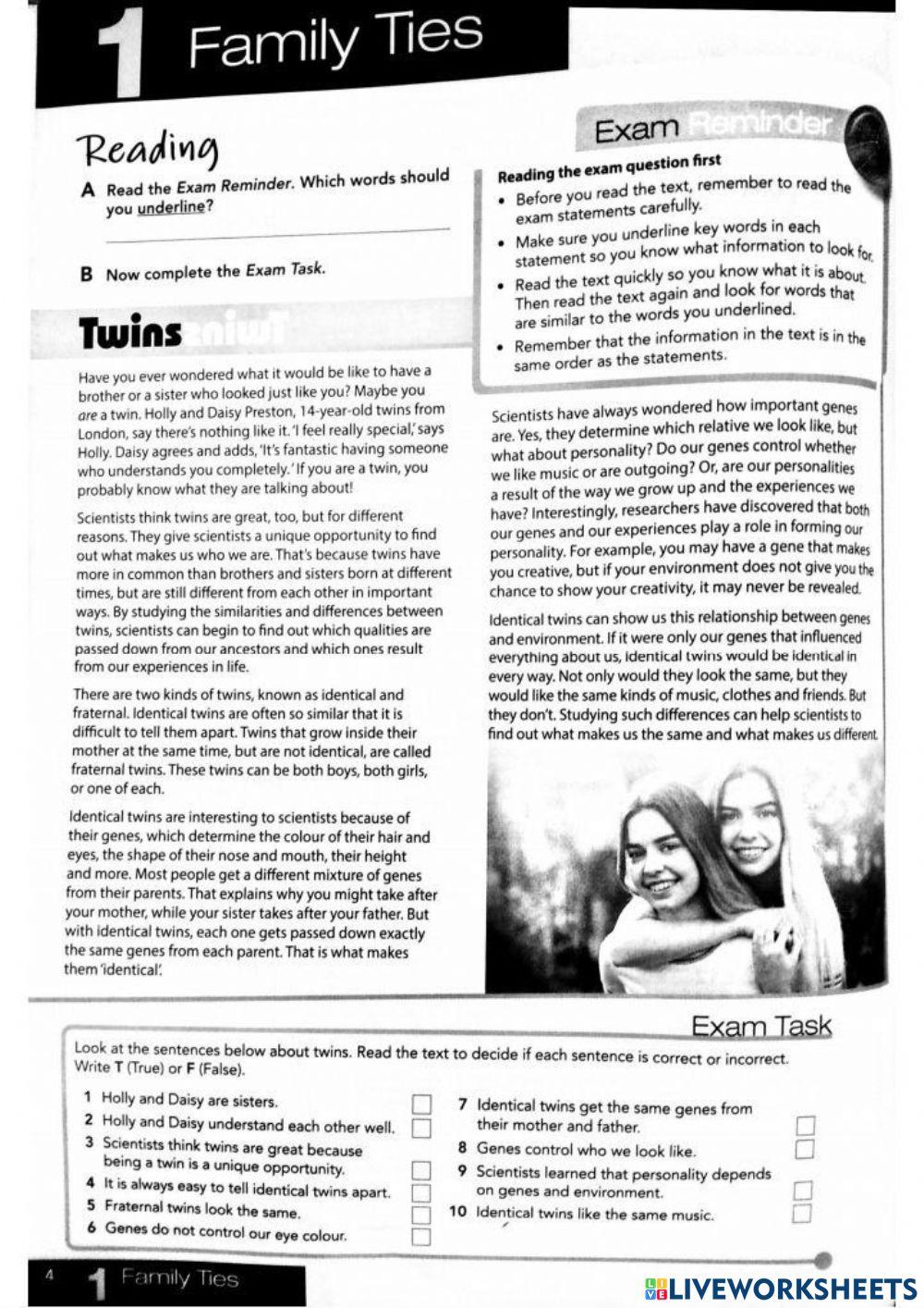 Close Up Reading Page 4 Family Ties worksheet Live Worksheets