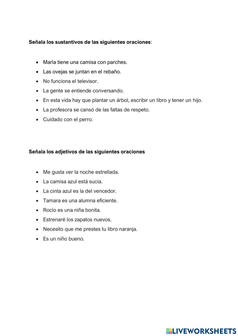 Sustantivos, adjetivos, artículos y verbos