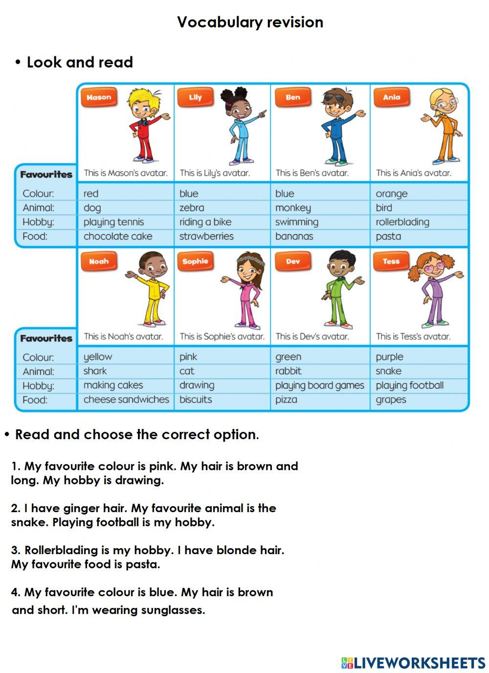 Colors, animals, hobbies and food