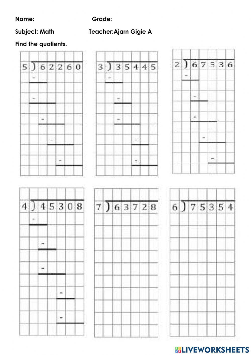 5 digits by 1 digit division worksheet live worksheets