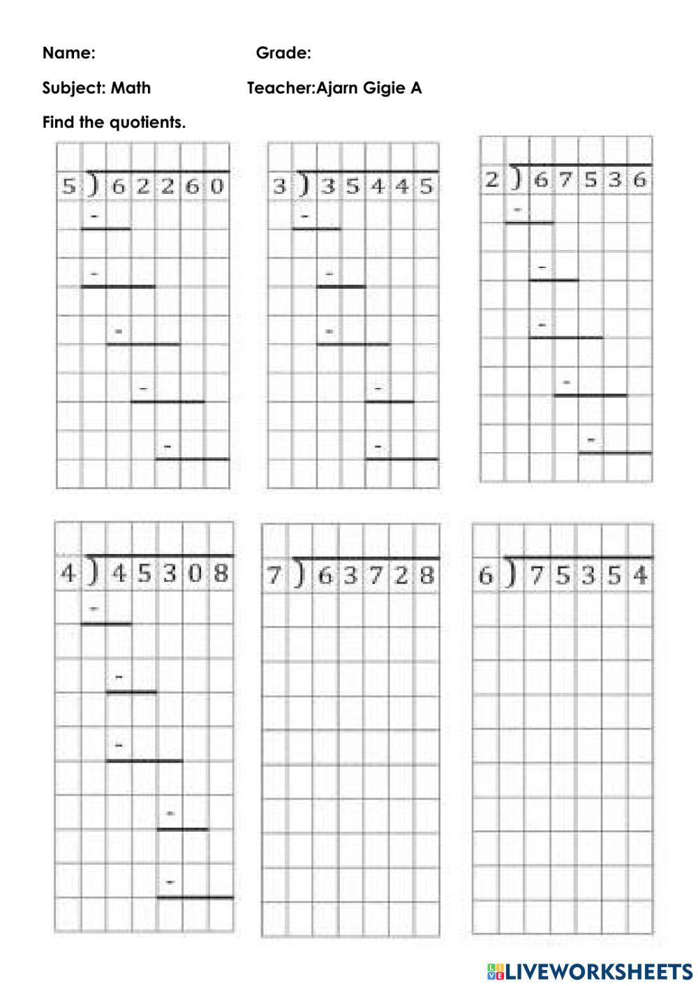 5 digits by 1 digit Division