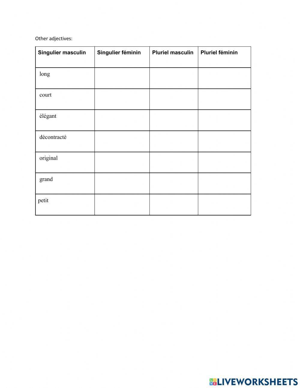 adjective agreement worksheet