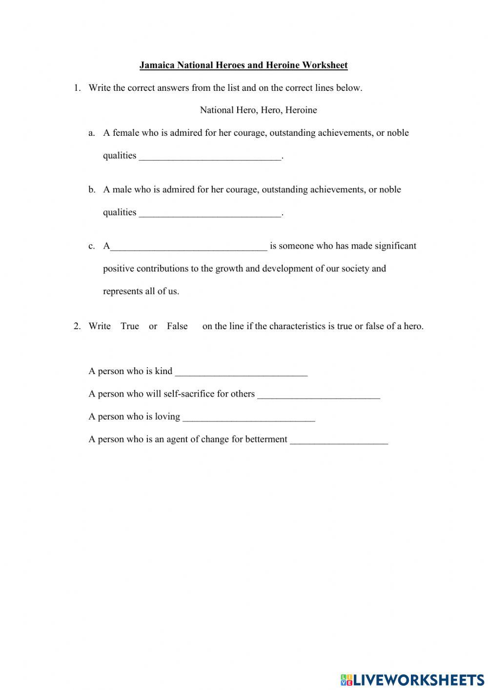 Jamaica National Heroes and Heroine Worksheet