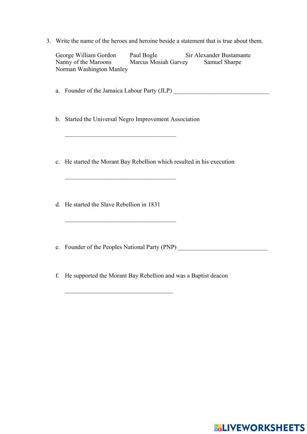 Jamaica National Heroes and Heroine Worksheet