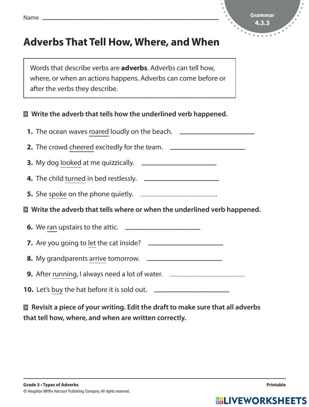 Adverbs that tell how when and where online exercise for live worksheets