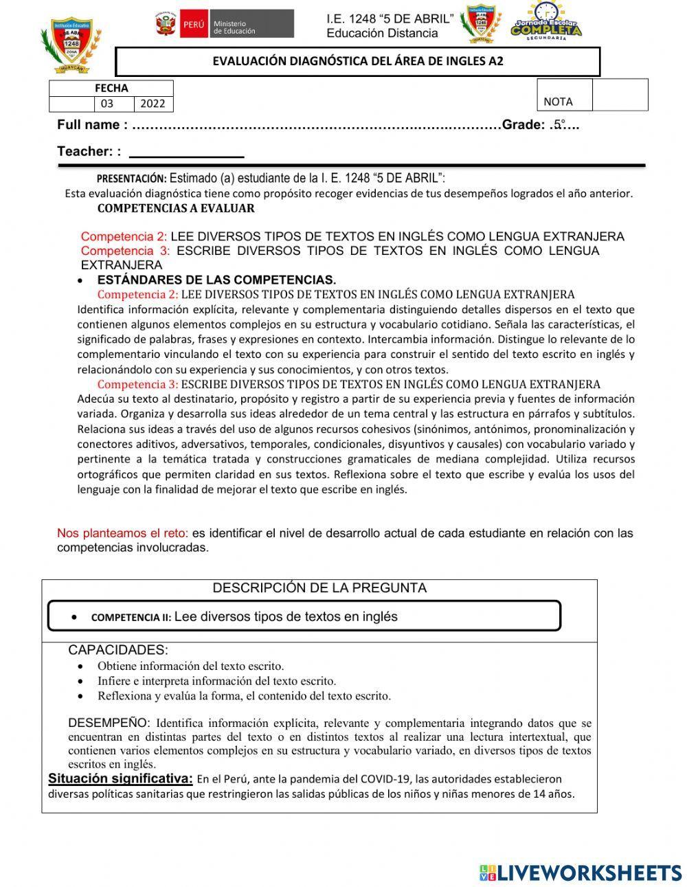 A2 evaluacion diagnostica de ingles 2022