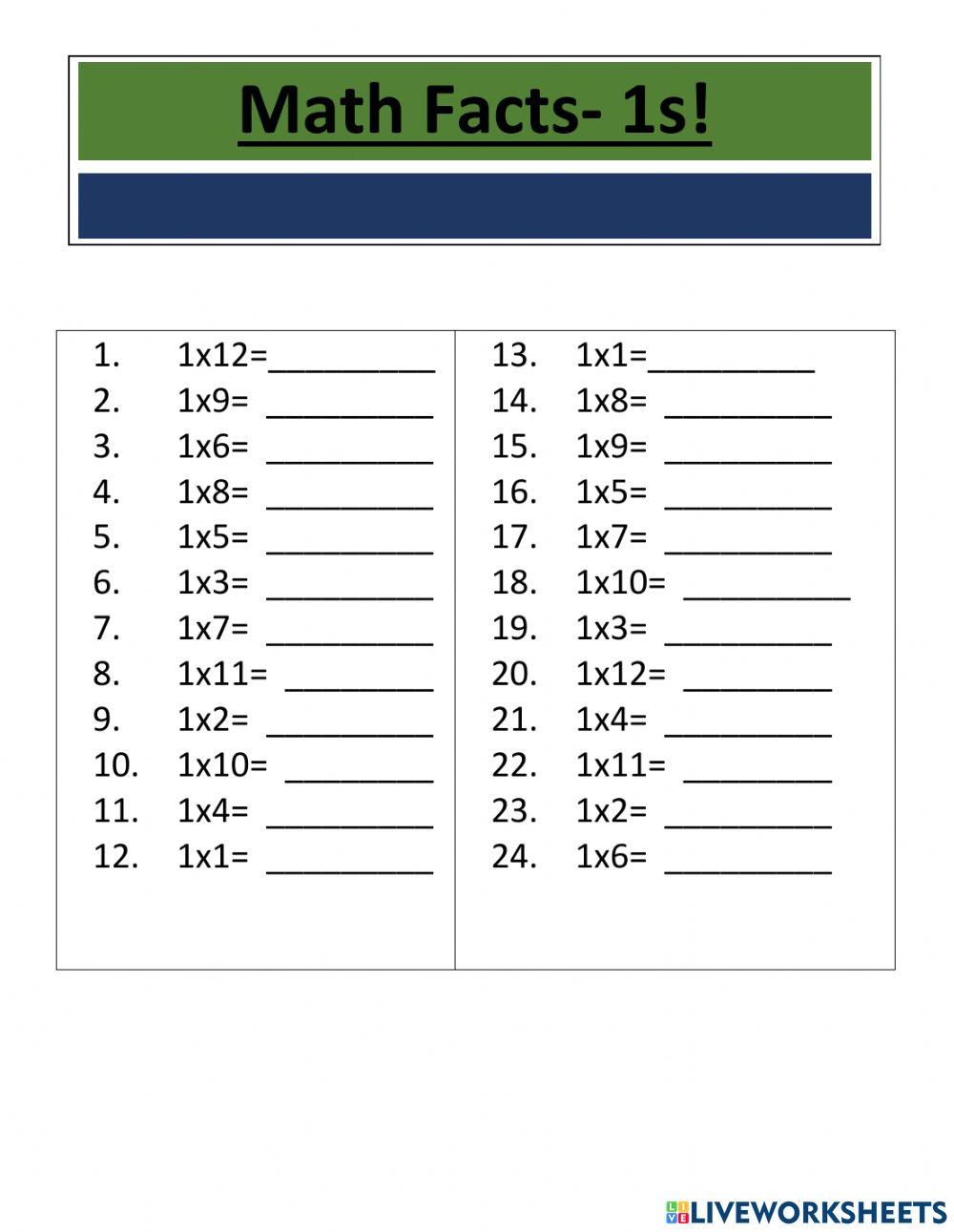 Multiplication facts 1s worksheet live worksheets
