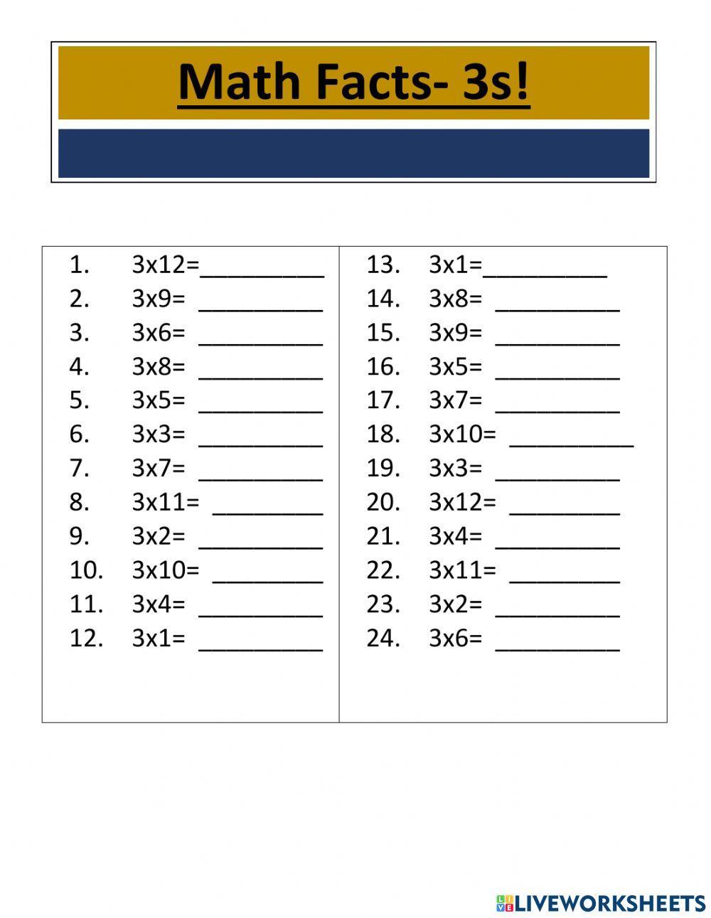Multiplication Facts- 3s worksheet | Live Worksheets