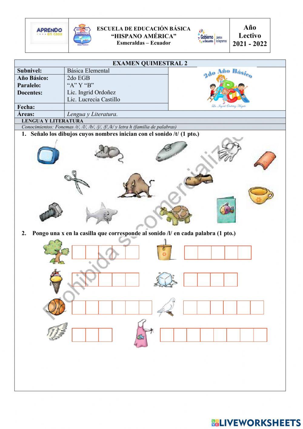 Examen Quimestral Lengua y Literatura