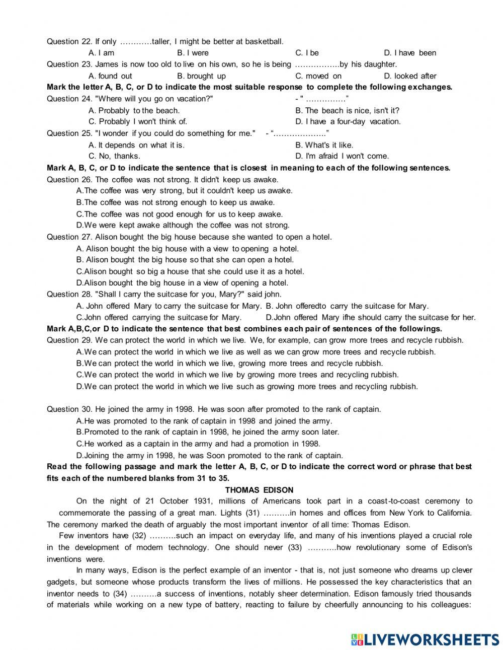Trial test for grade 12