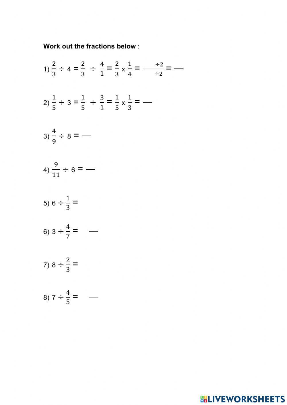 Division of fraction worksheet live worksheets