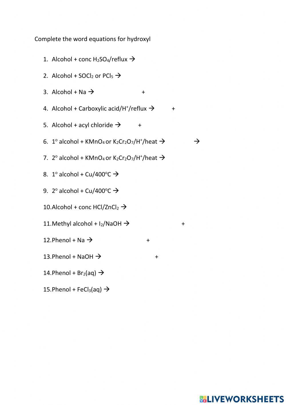 Word equations hydroxyl