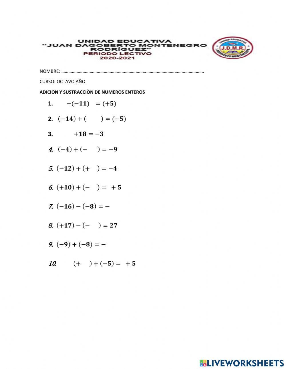 Adicion y sustraccion de numeros enteros