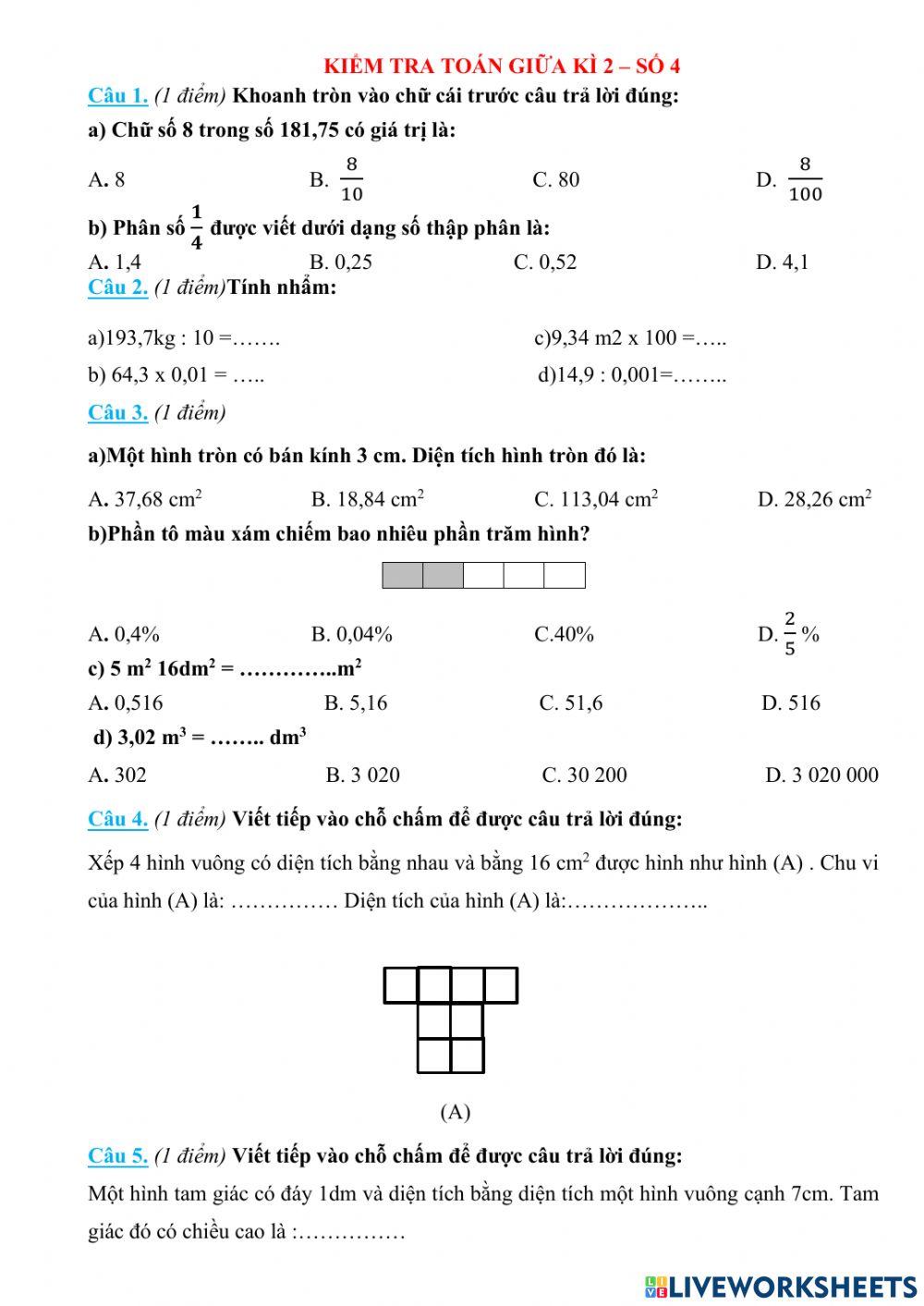 Kiểm tra Toán GK2 - số 4