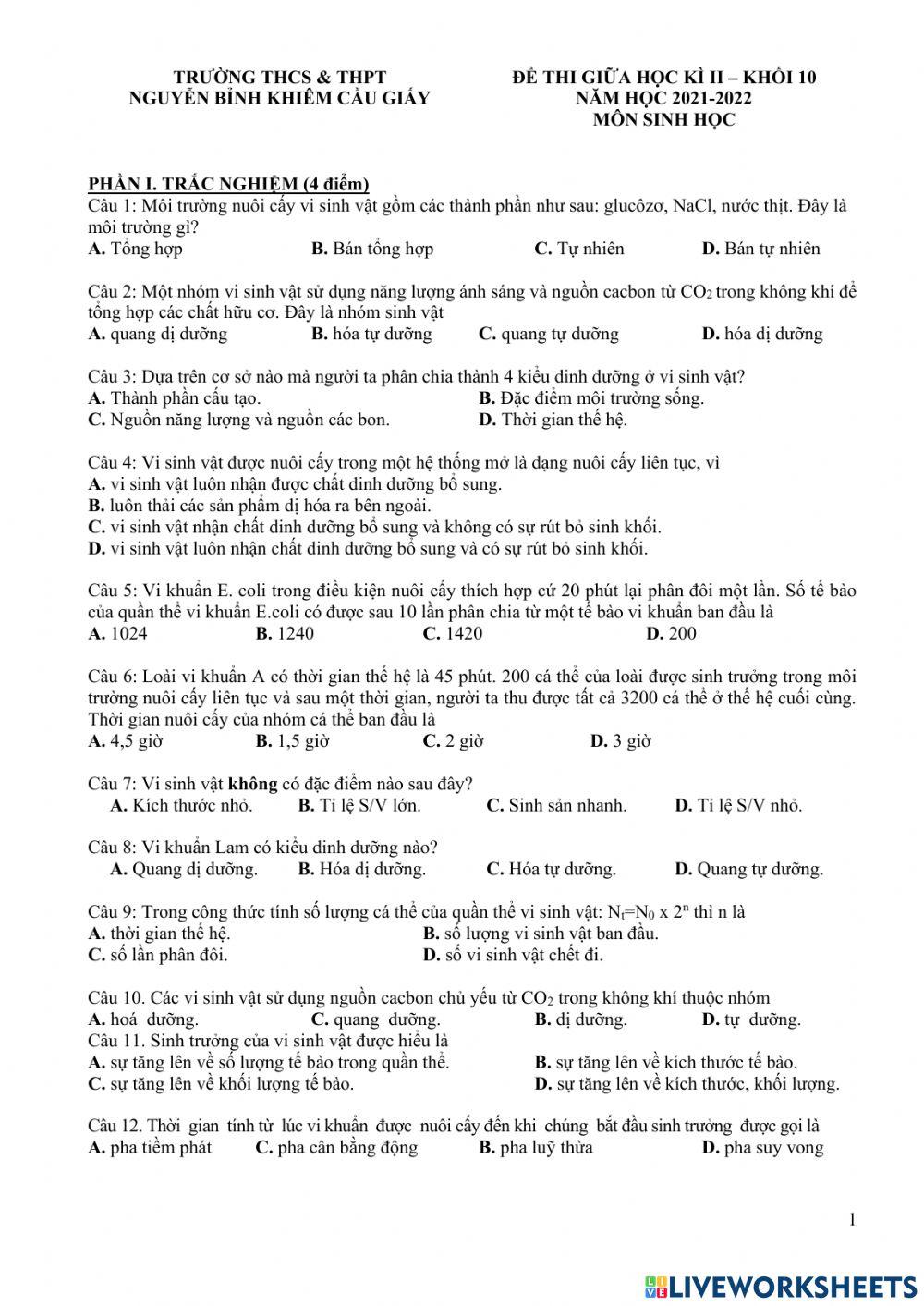 Đề thi giữa học kì ii - môn sinh lớp 10