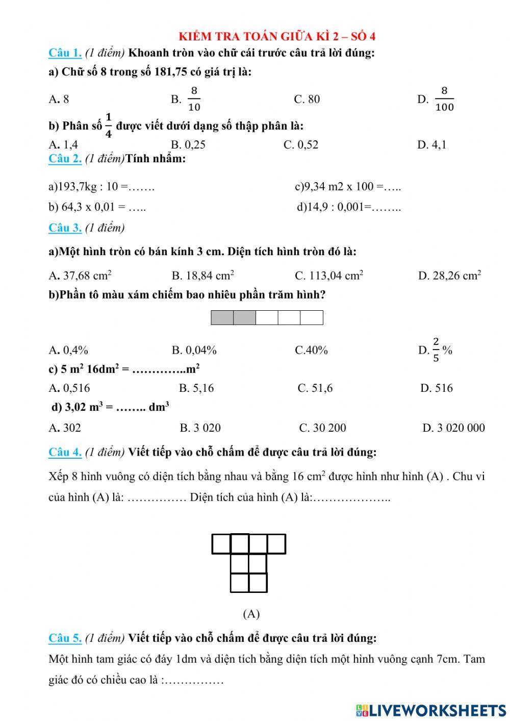 Kiểm tra Toán GK2 số 4 làm lại