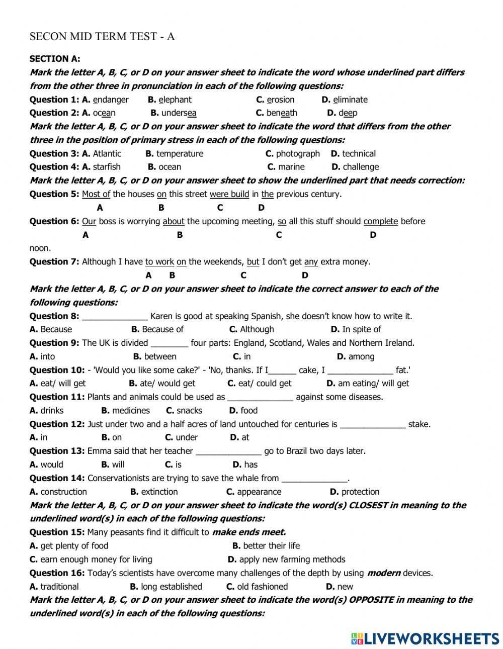 Grade 10 SECOND MID TERM TEST A