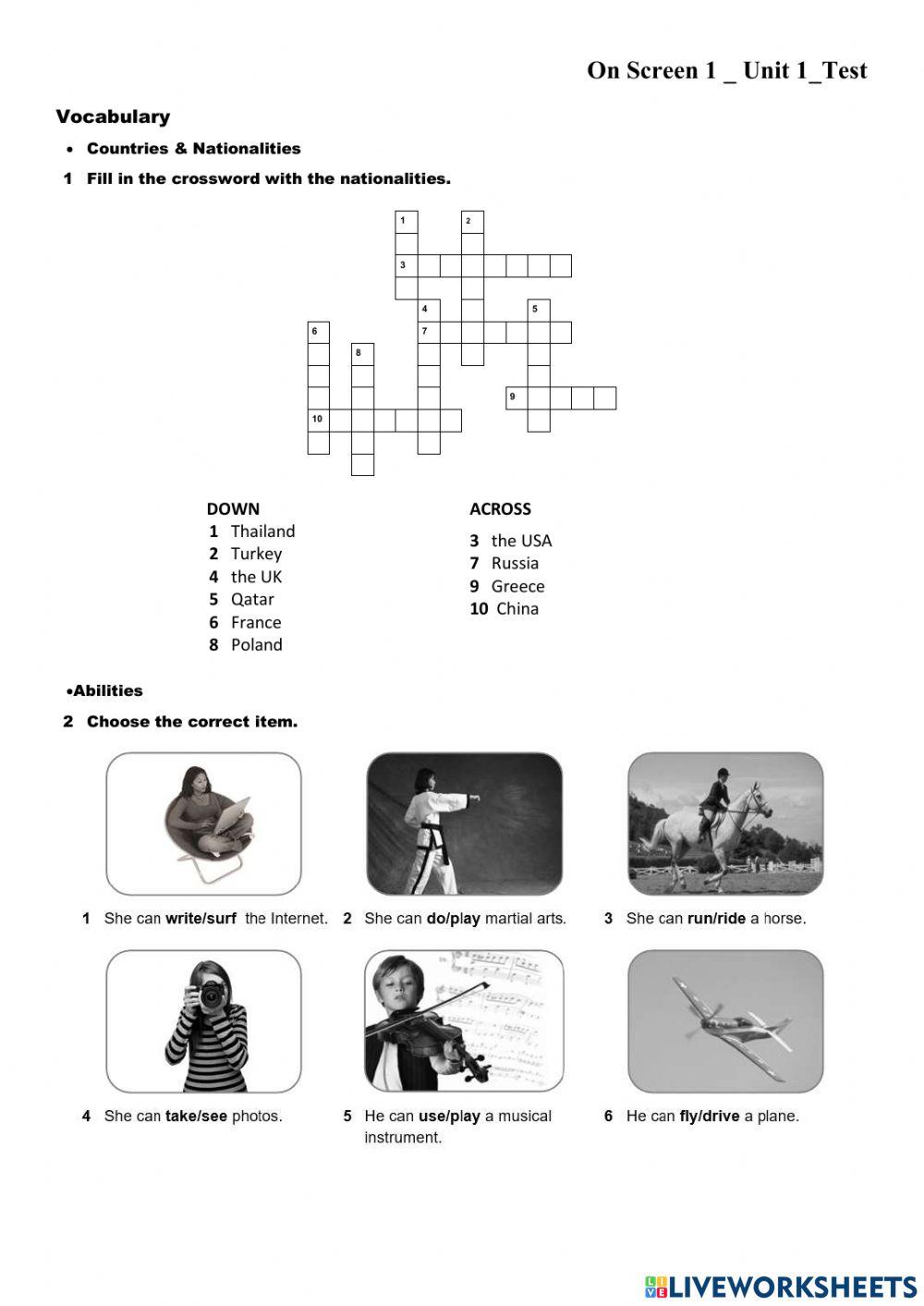 On Screen 1 Unit 1 Test