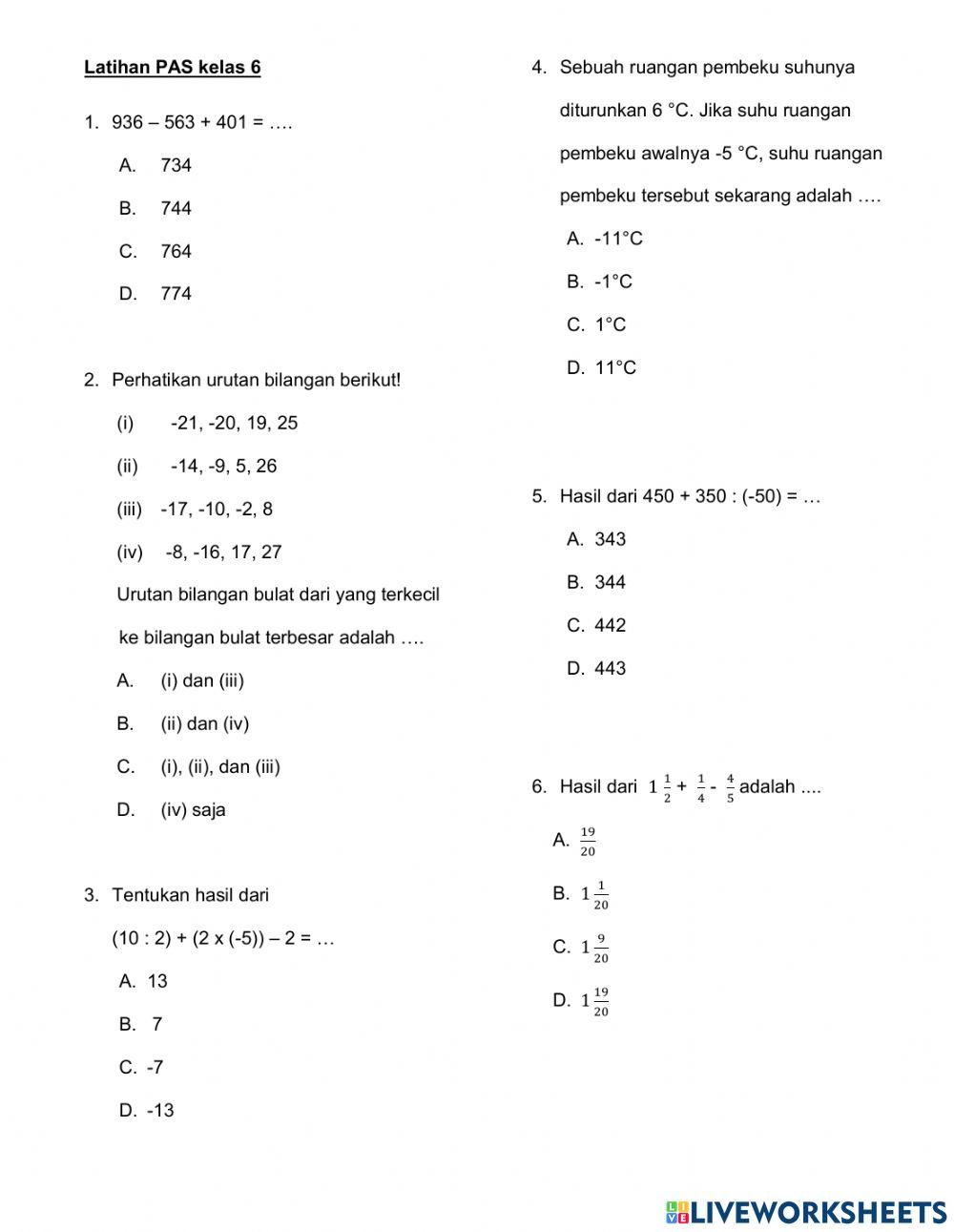 PAS matematika kelas 6 tahun 2012 - 2013