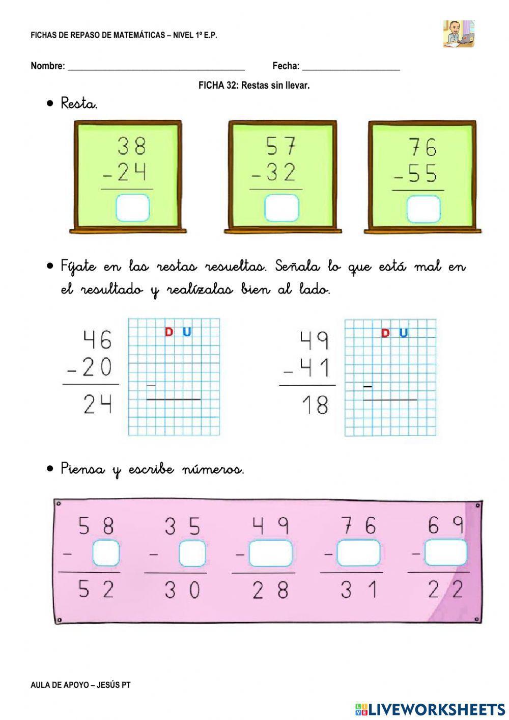 Ficha Matemáticas 32-1EP-Restas sin llevar