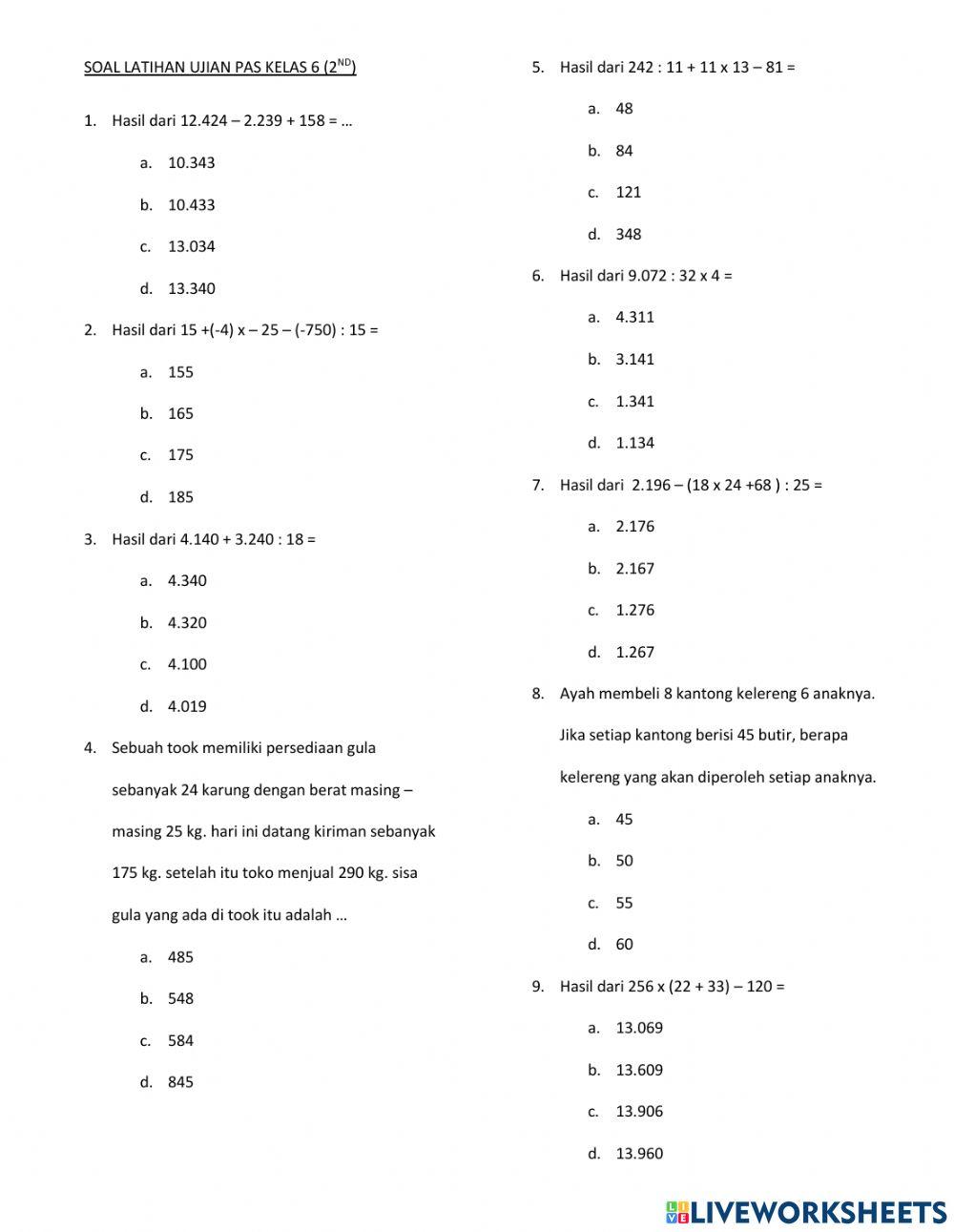 PAS matematika kelas 6 tahun 2021 - 2012