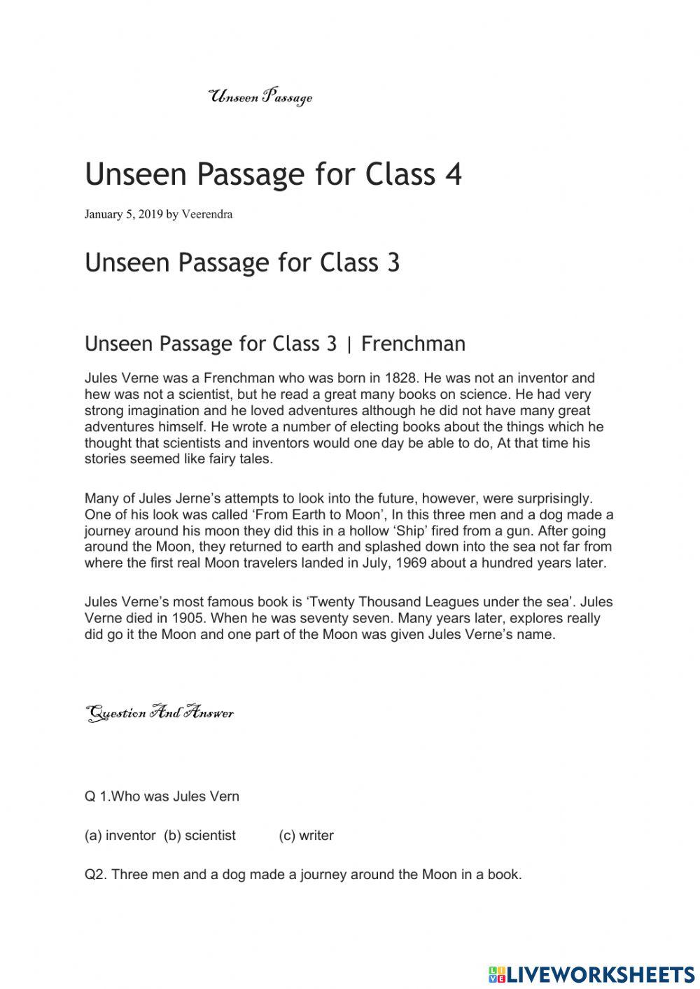 Unseen Passage For Class 3