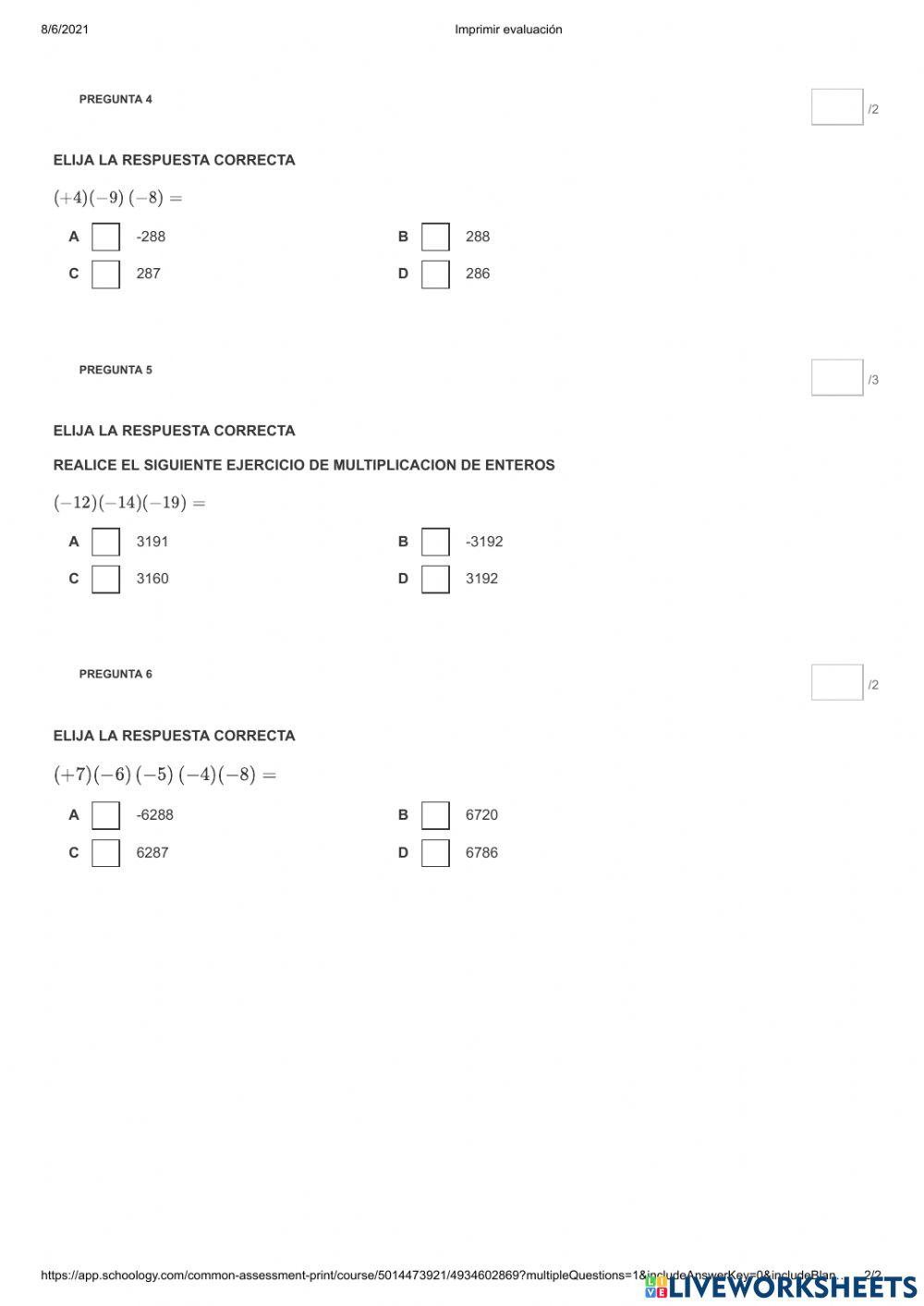 Ejercicios de numeros enteros
