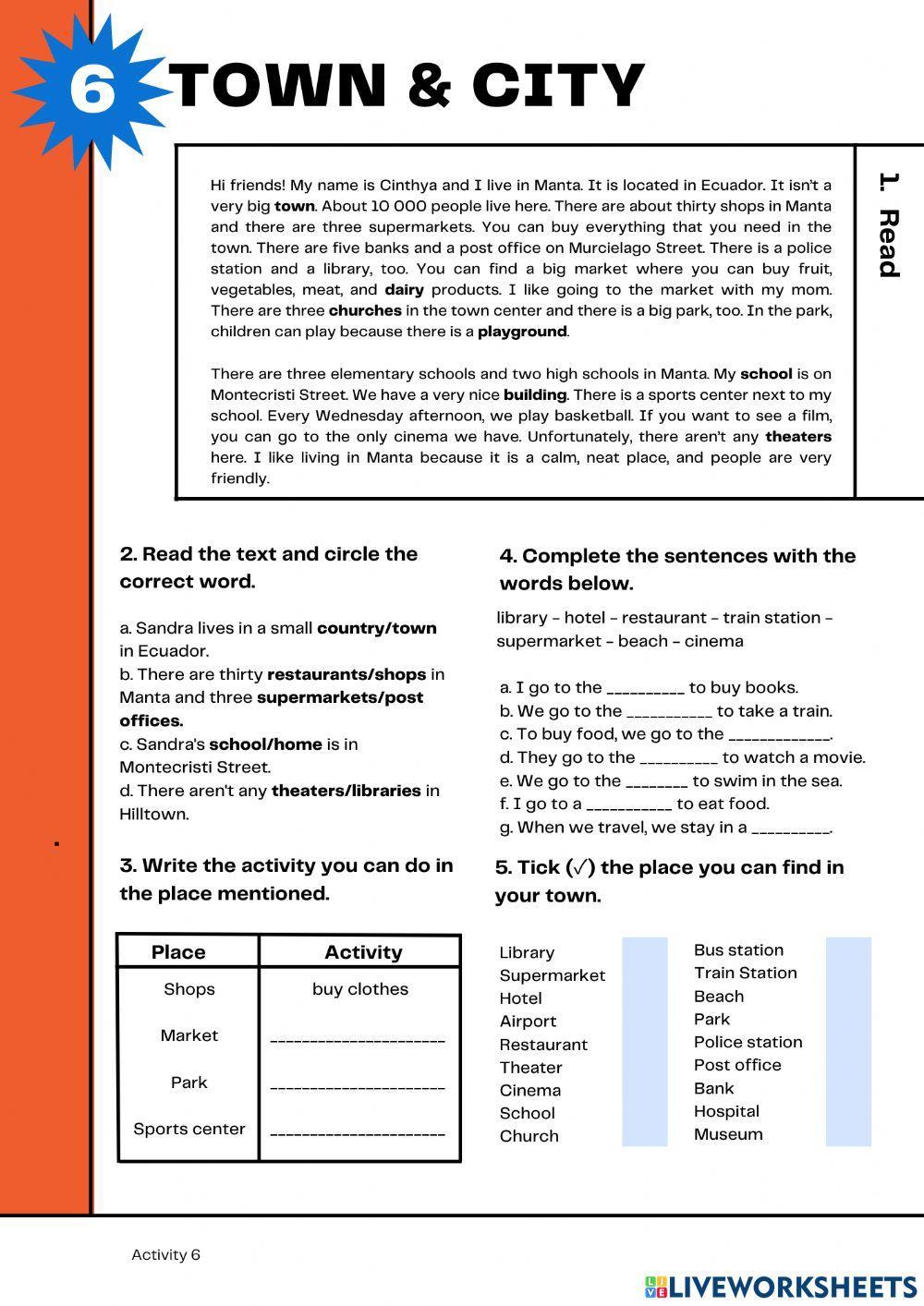 Reading comprehension A1: My town Reading comprehension A1: My town