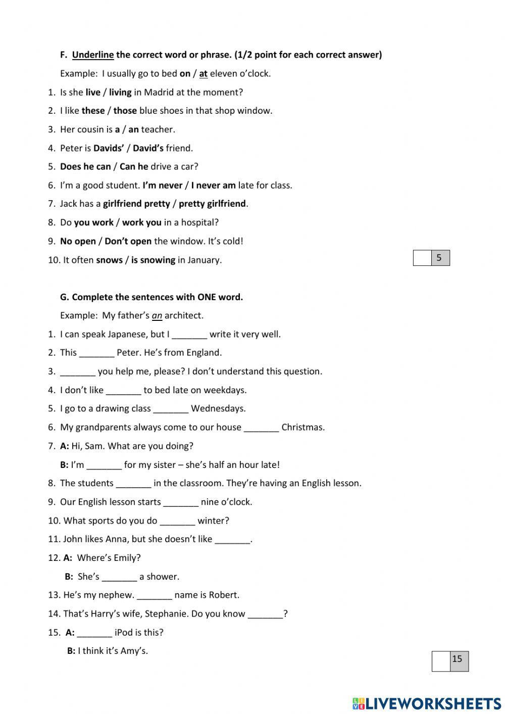 ELEMENTARY 2nd term GRAMMAR and VOCABULARY exam