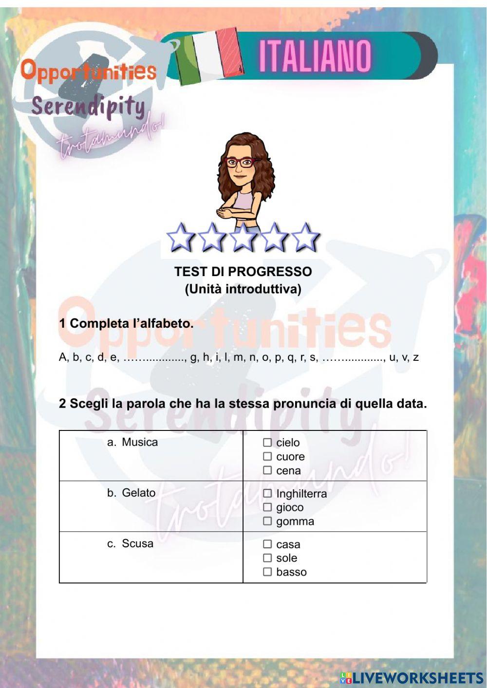 Progetto italiano, test di progresso unità introduttiva