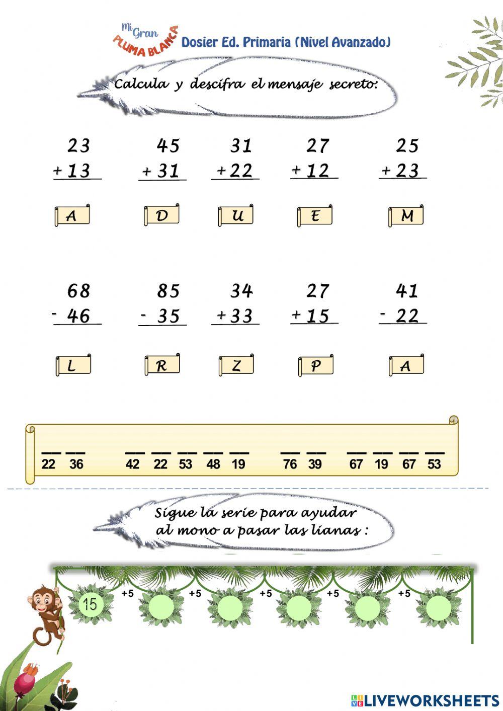 Pluma Blanca Sumas y Restas Primaria Mensaje Secreto