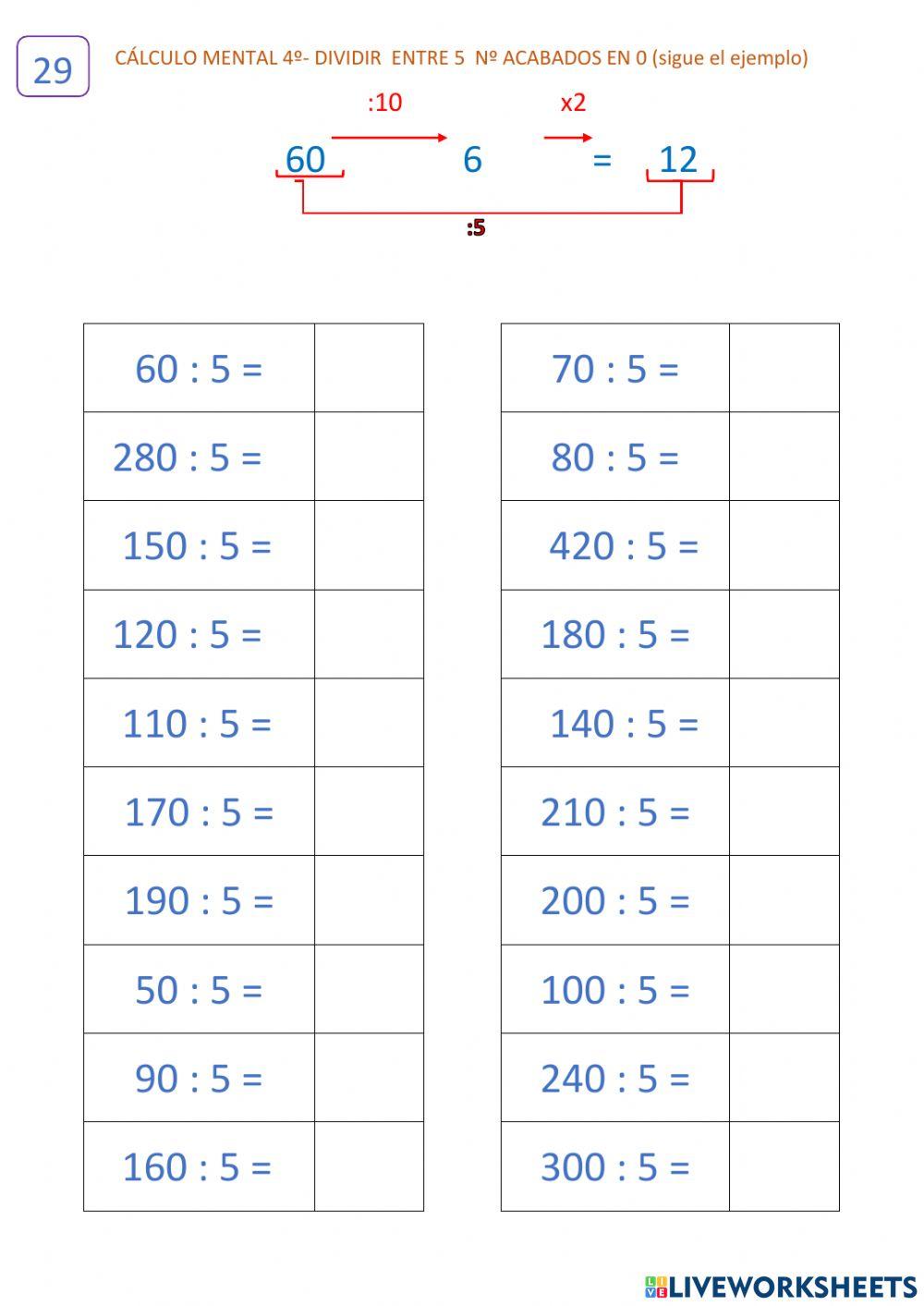 Cálculo 10.2 (ficha 29) Dividir entre 5
