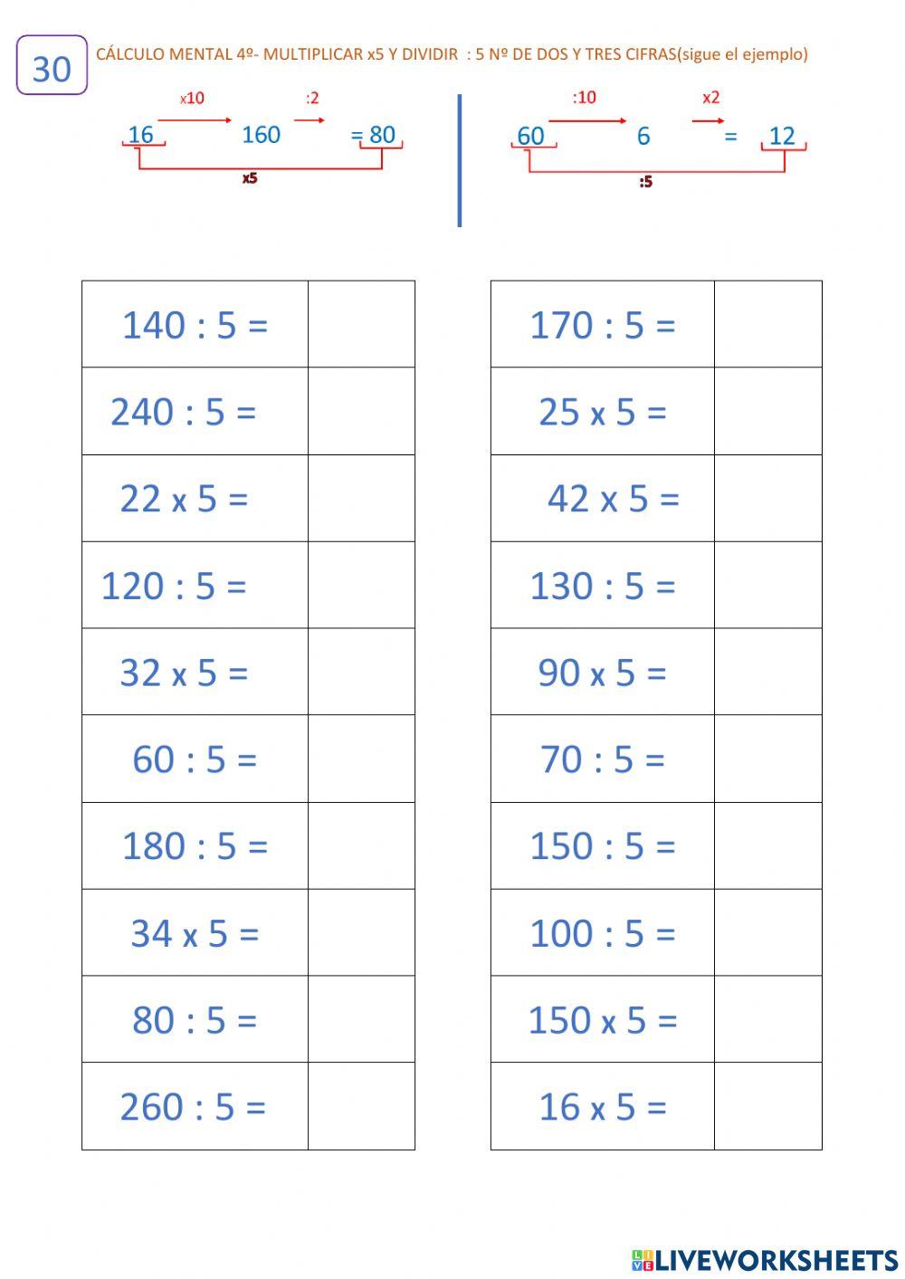 Cálculo 10.3 (ficha 30) Multiplicar y dividir entre 5.